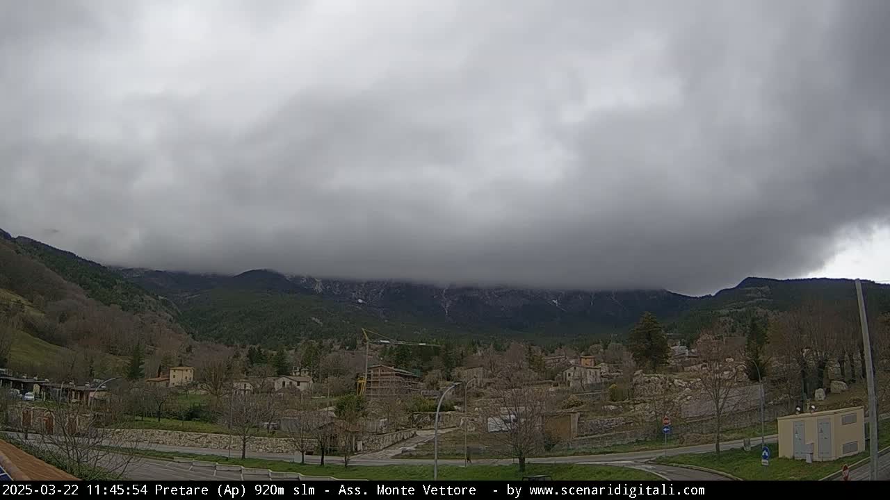 A small town sits in a valley below overcast skies and snow-capped mountains.