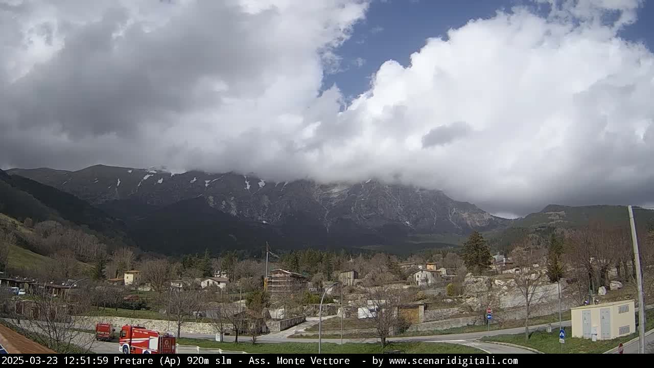 A partly cloudy day reveals a small village nestled in a valley, with snow-capped mountains in the background.