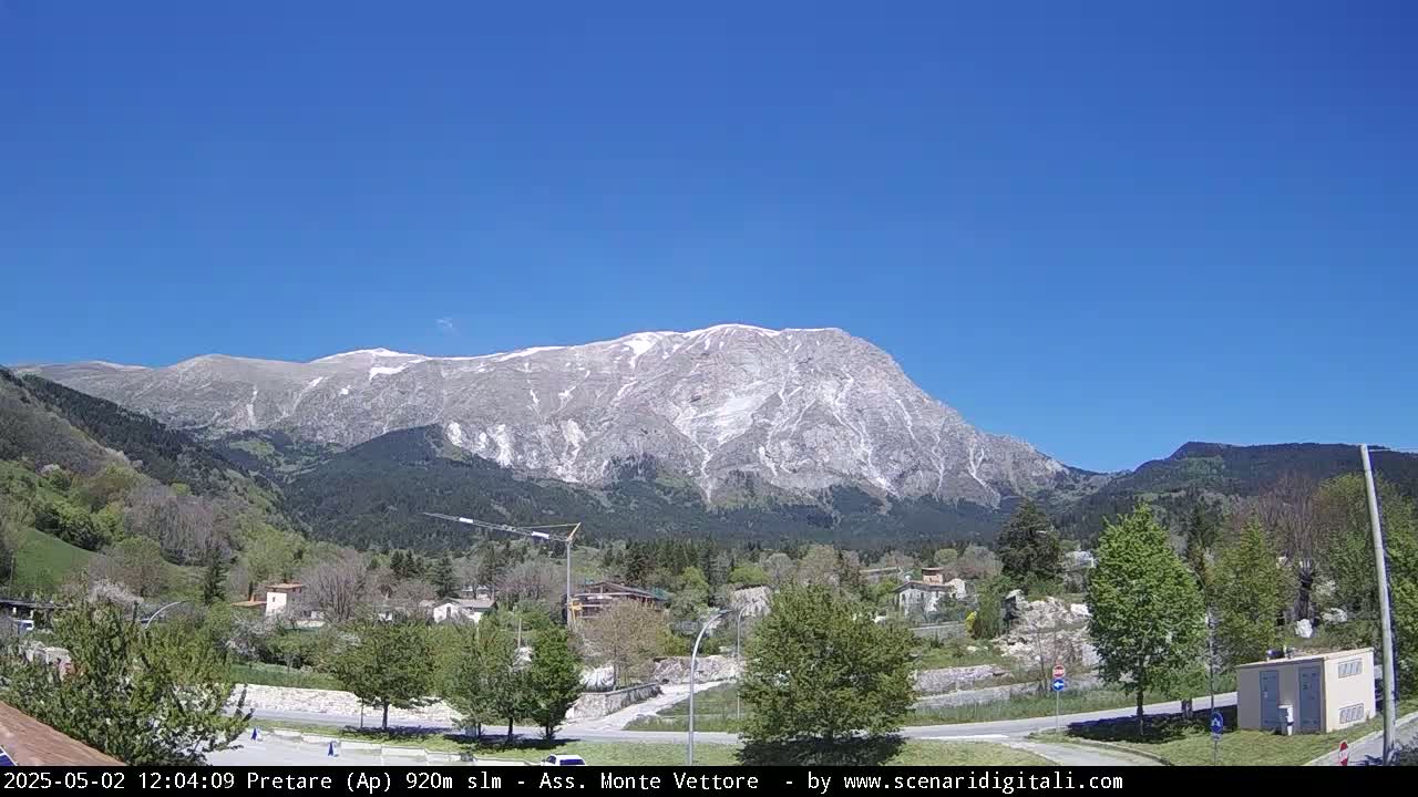 A snow-capped mountain rises behind a small town nestled in a valley under a clear blue sky.