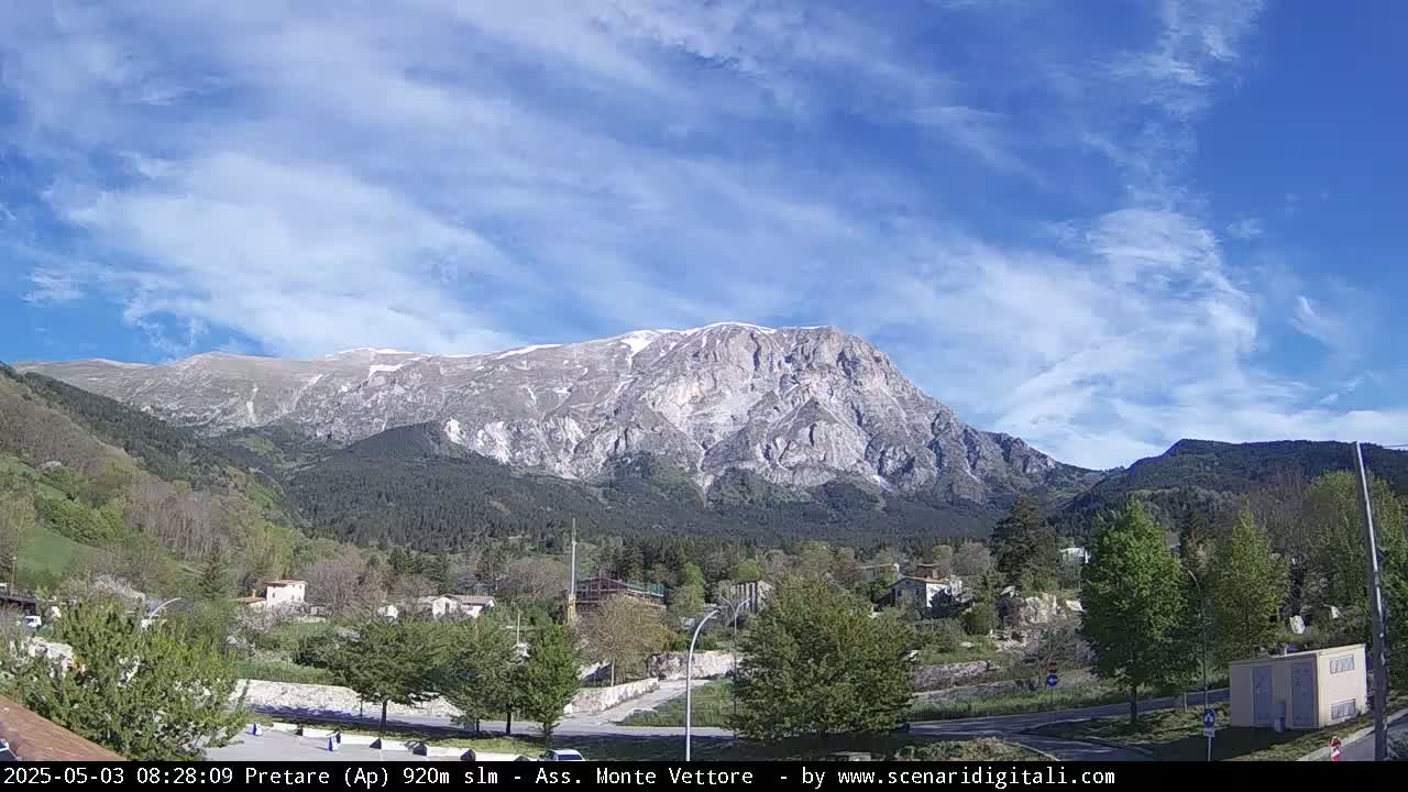 A snow-capped mountain rises behind a valley town under a mostly clear blue sky with wispy clouds.