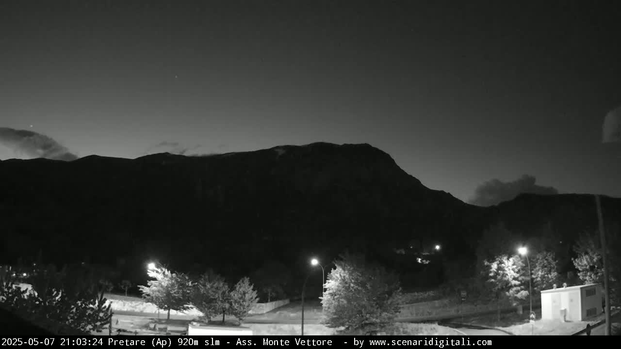 A nighttime, black and white view of a mountain silhouetted against a twilight sky, with several lit streetlights illuminating trees and a small building in the foreground.