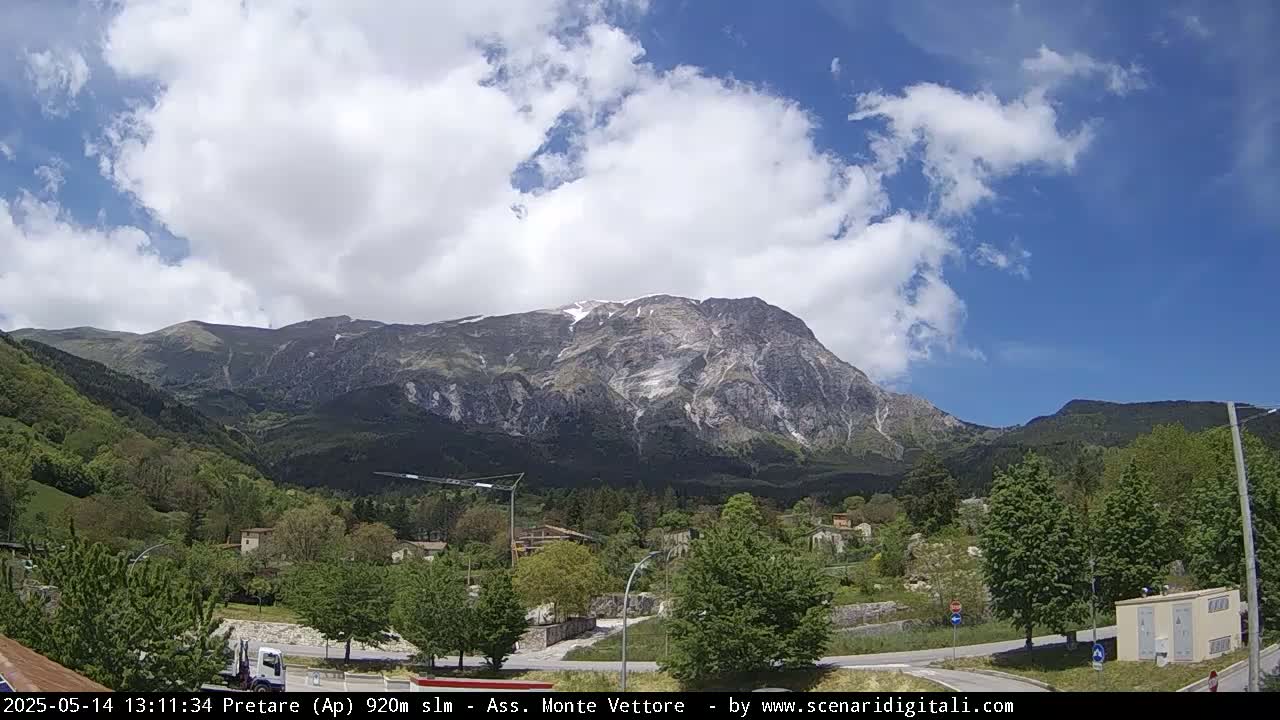 A partly cloudy sky overlooks a mountain range partially covered in snow, with a valley of green trees and buildings in the foreground.