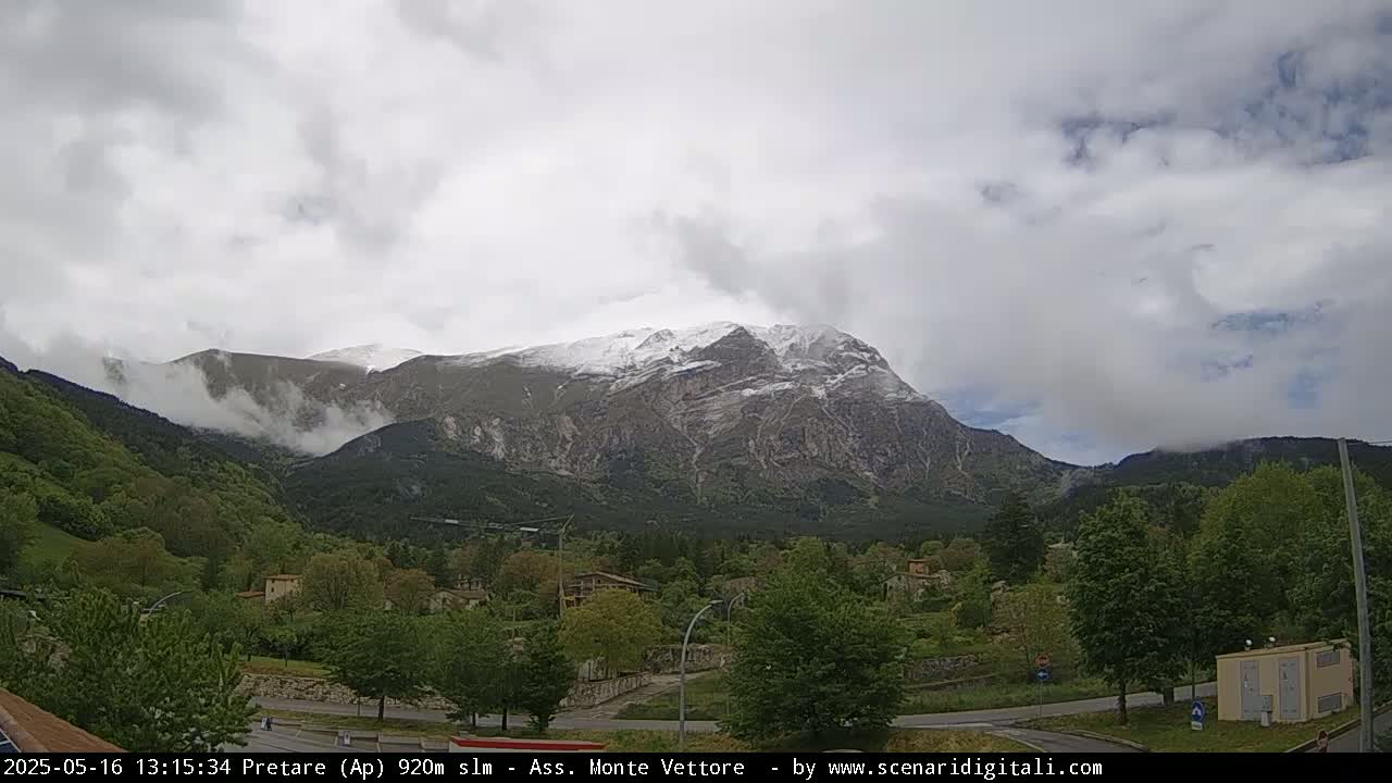 A snow-capped mountain looms over a valley town under a cloudy sky.