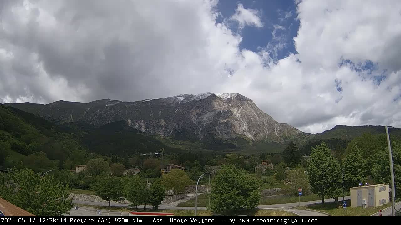 A partially cloudy sky overlooks a valley of green trees and a village nestled at the foot of a large, snow-capped mountain.