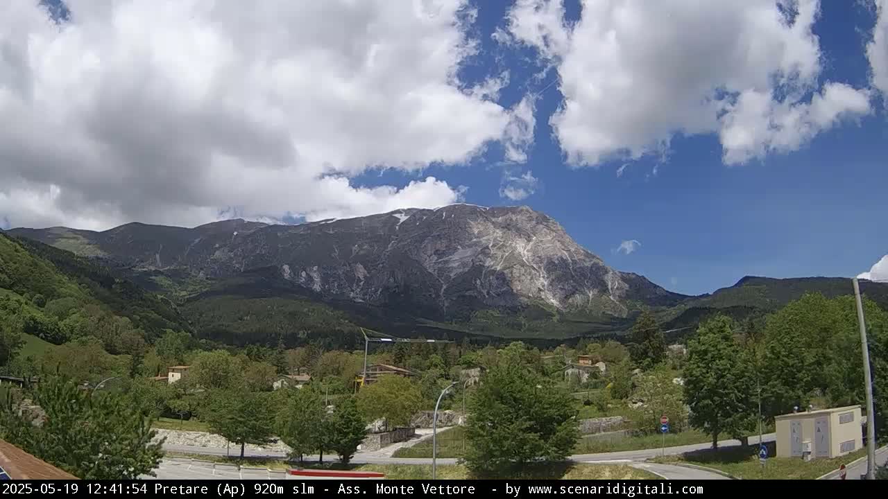 A partly cloudy sky overlooks a valley of green trees and houses, with a large mountain featuring some snow on its peak in the background.