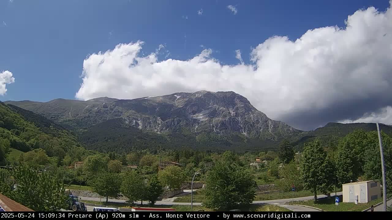 A partly cloudy day reveals a mountain range with a village nestled in the valley below.