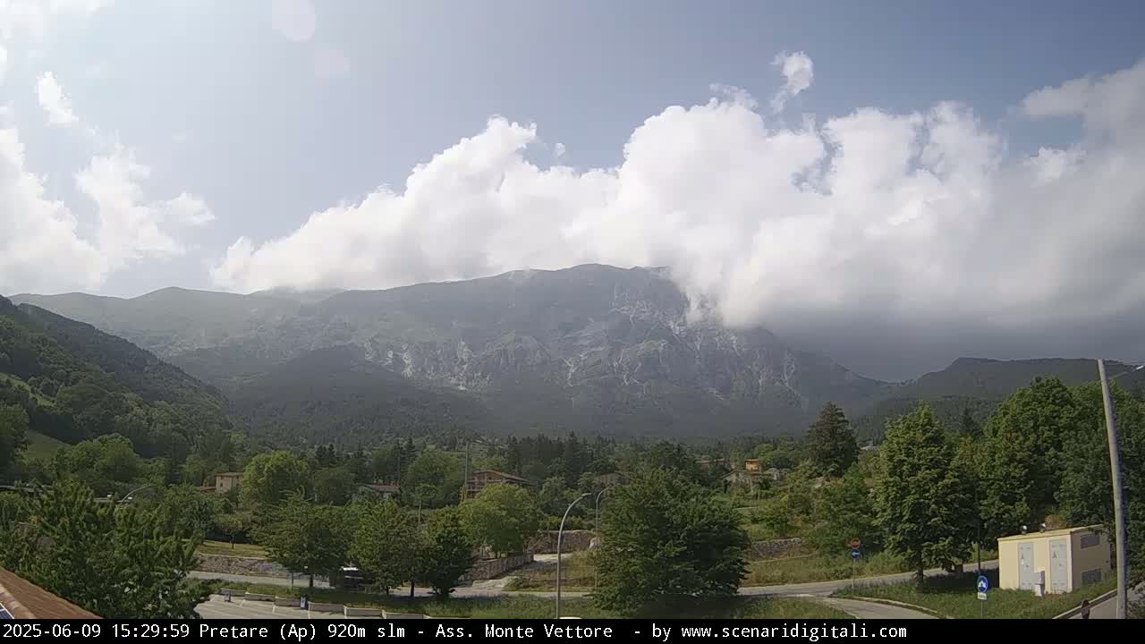 A partly cloudy day reveals a mountainous landscape, with a town nestled in the valley below the peaks.