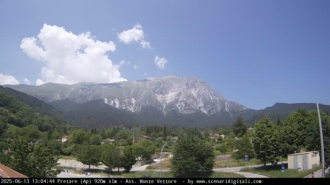 A large, light-grey mountain dominates the background under a mostly sunny sky with a few fluffy white clouds, while a green valley with trees and buildings sits in the foreground.