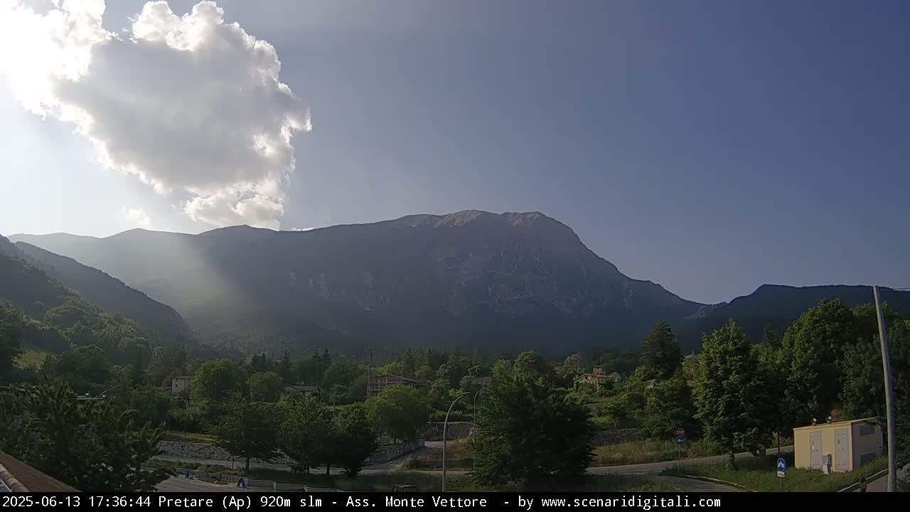 A partly sunny day reveals a large mountain range behind a small town nestled in a valley, with sunbeams shining through the clouds.