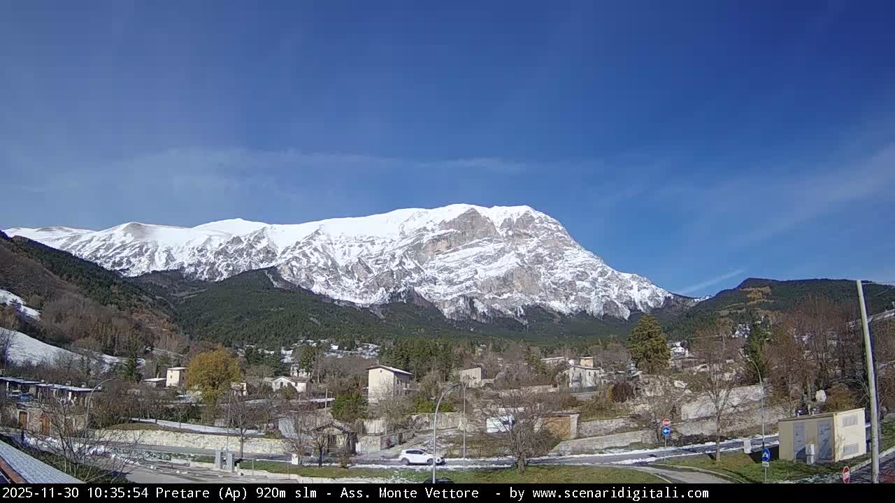 A clear and sunny winter day reveals a village with bare trees and a dusting of snow on the ground, set against a backdrop of grand, snow-covered mountains.