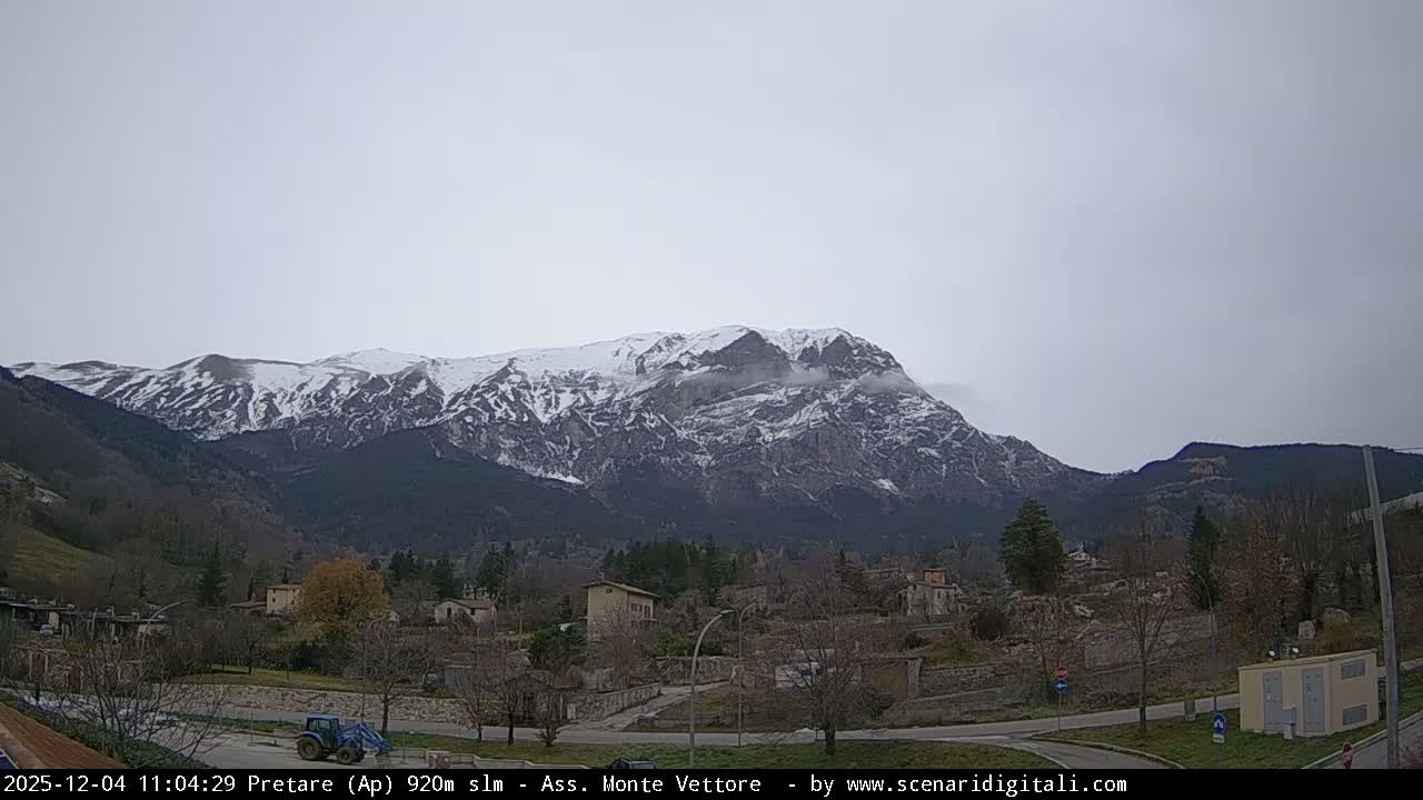 A village with bare trees and a tractor sits below majestic, snow-covered mountains under a grey, overcast sky.