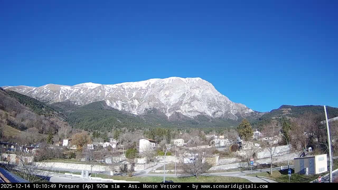 A village with bare trees and a tractor sits below majestic, snow-covered mountains under a grey, overcast sky.