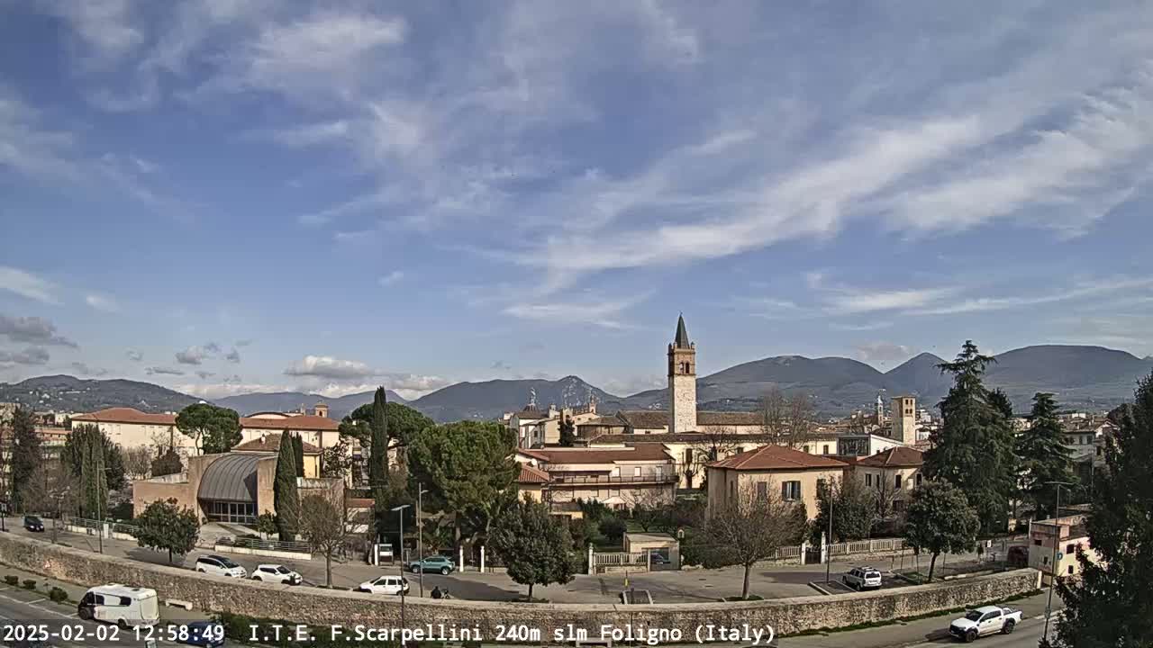 Under a mostly clear, bright sky, a town with low buildings, a tall bell tower, and a modern building sits in a valley surrounded by distant mountains.
