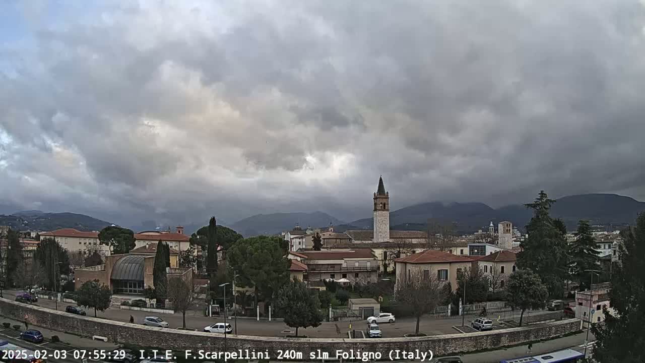 A view of a town nestled in a valley under a heavily clouded sky, with mountains visible in the distance.