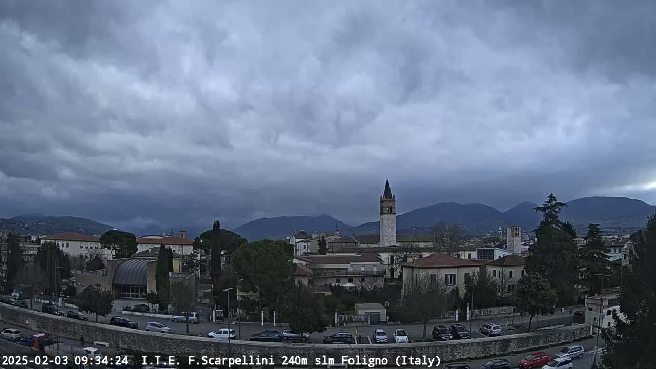 A town with a bell tower is nestled in a valley beneath a cloudy sky.