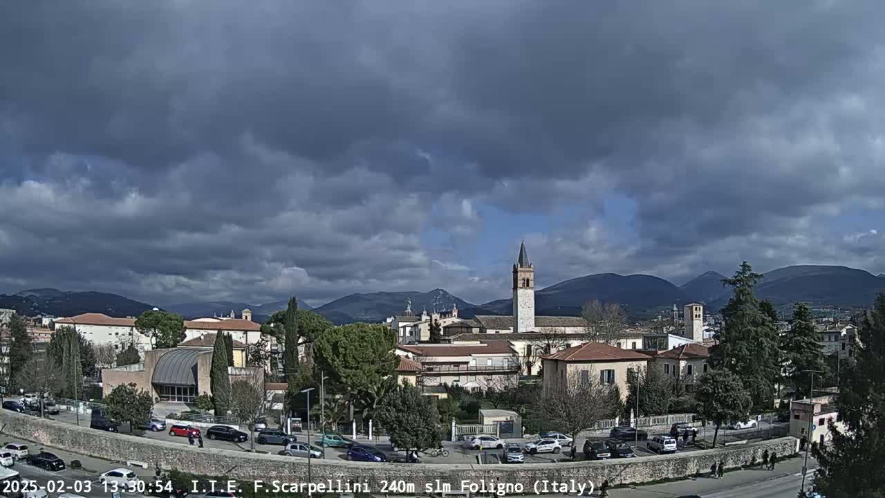 A partly cloudy day reveals a town nestled among mountains, with cars parked in a lot near buildings, a tall church steeple in the center, and trees scattered throughout.