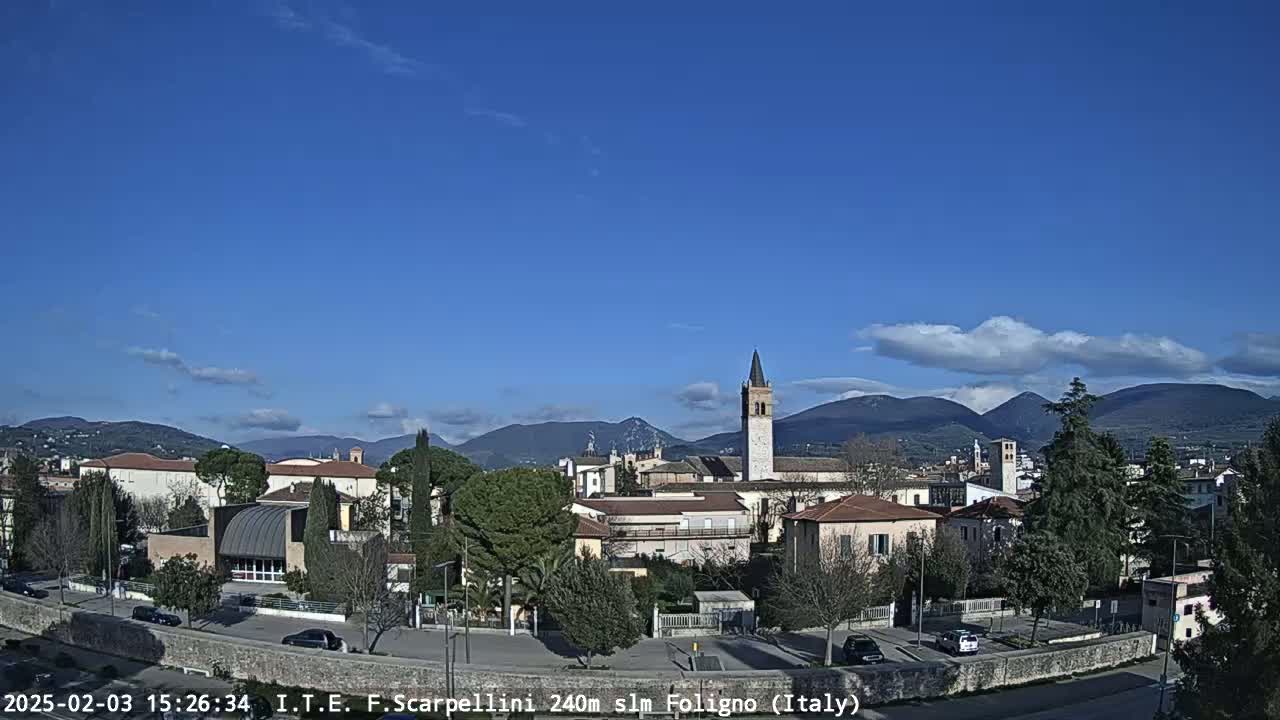A mostly sunny day reveals a town nestled in a valley, with mountains visible in the background, and several buildings, including a tall church tower, are prominent in the foreground.