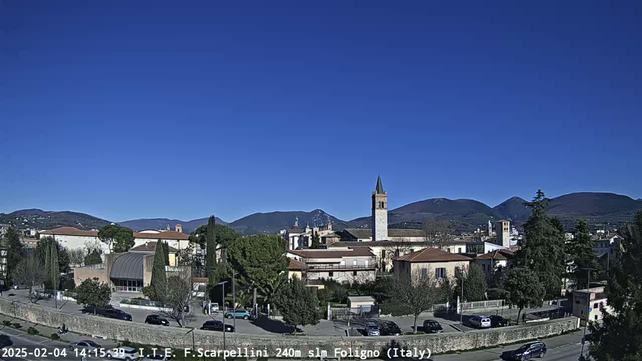 A town nestled in a valley under a clear blue sky, with mountains visible in the distance.