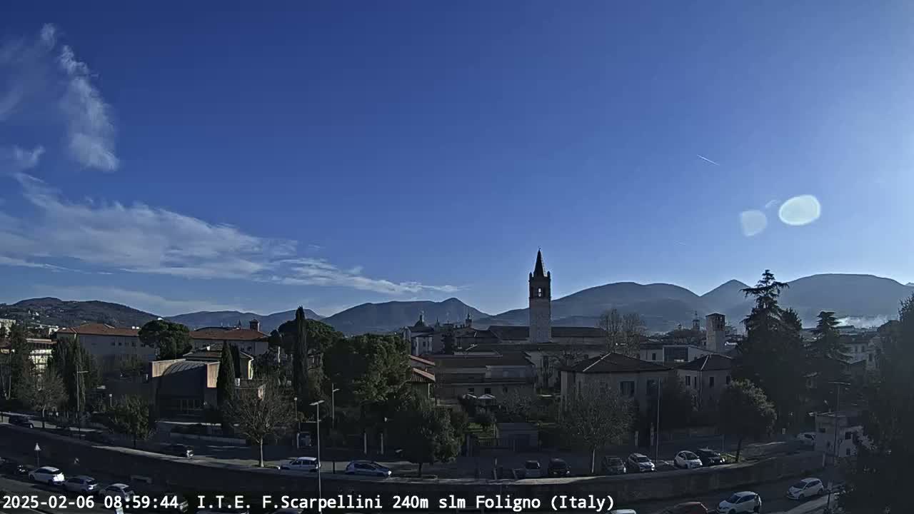 A partly cloudy blue sky overlooks a town nestled in a valley between mountains.