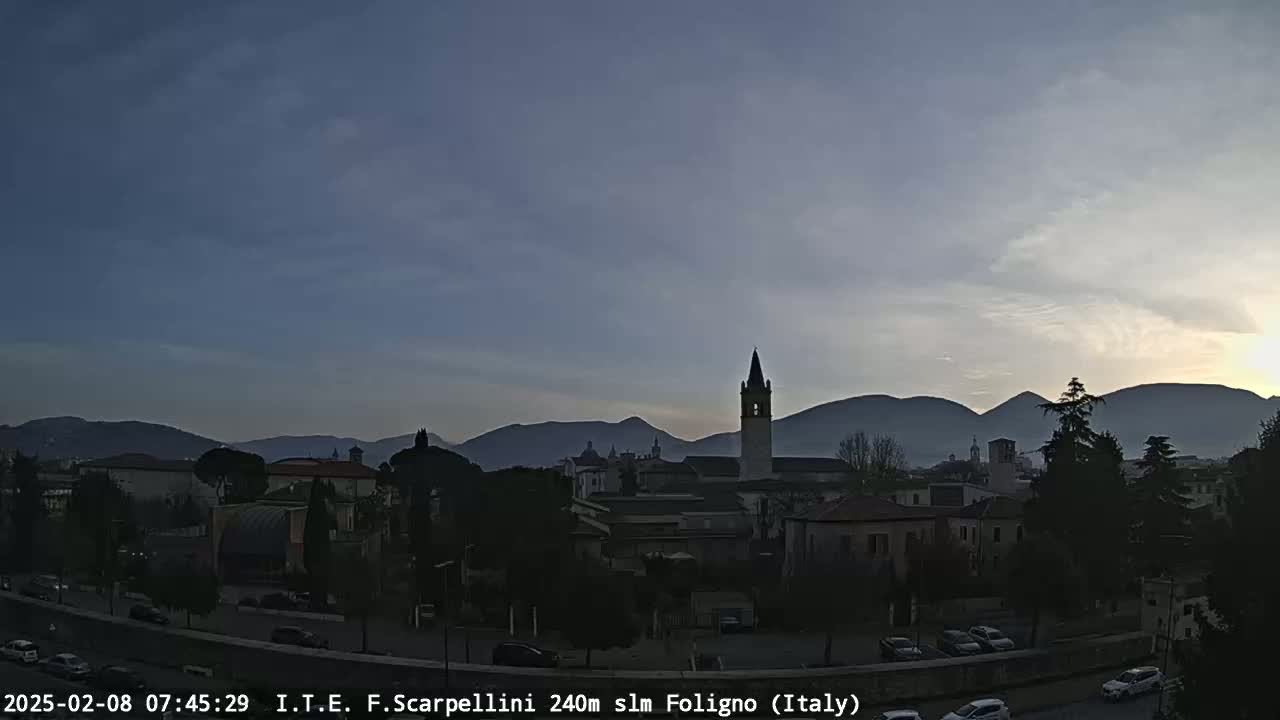 A town nestled in a valley at sunrise or sunset, with mountains in the background under a mostly clear sky.