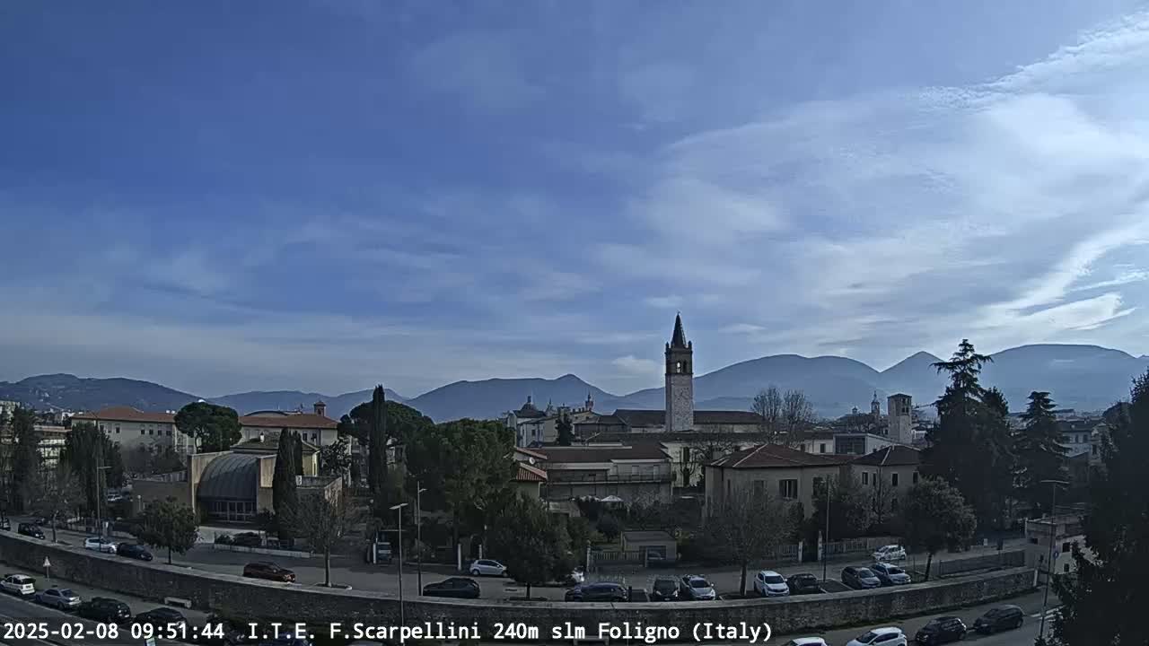 A town with a tall clock tower is nestled among green trees and mountains under a mostly clear, blue sky.
