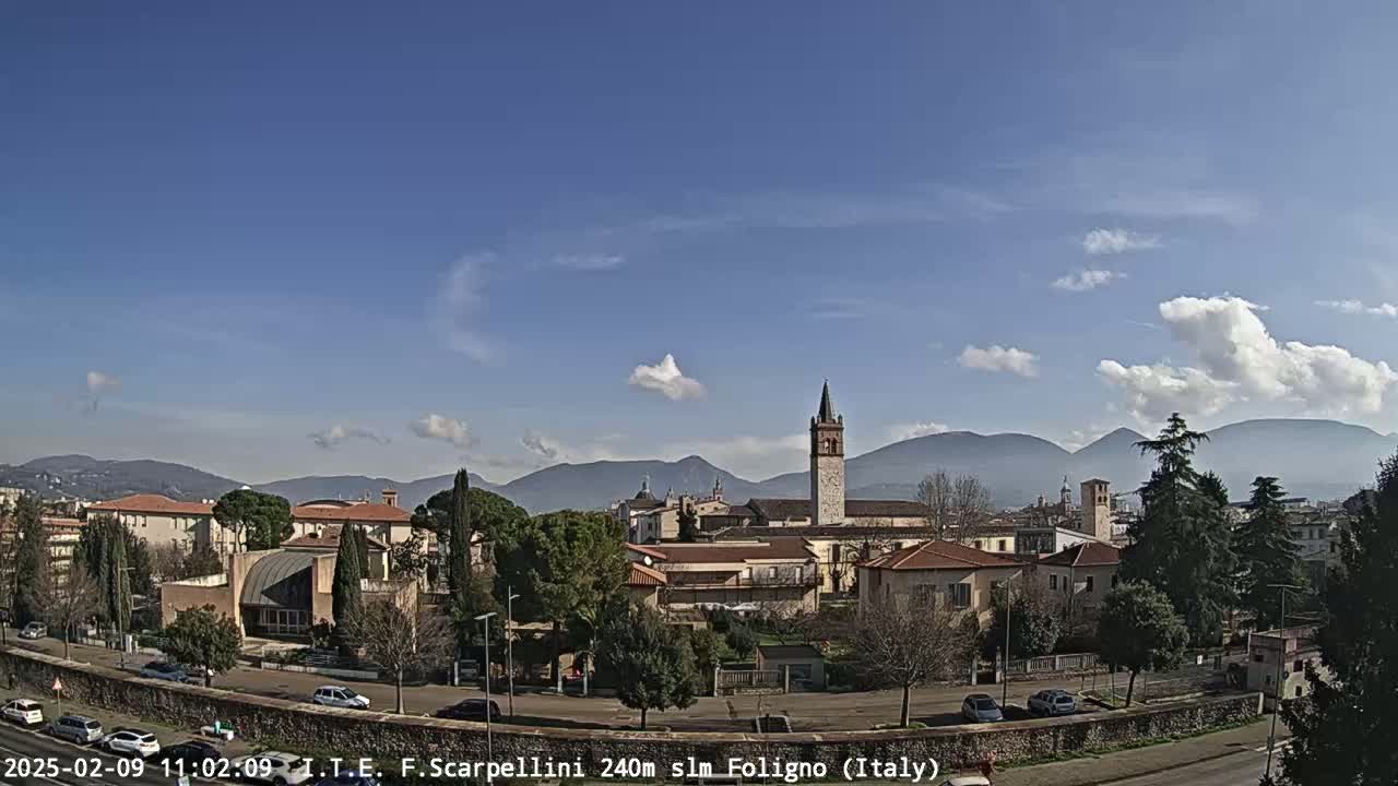 A partly cloudy day reveals a town nestled among low mountains, featuring a prominent bell tower and a collection of buildings.
