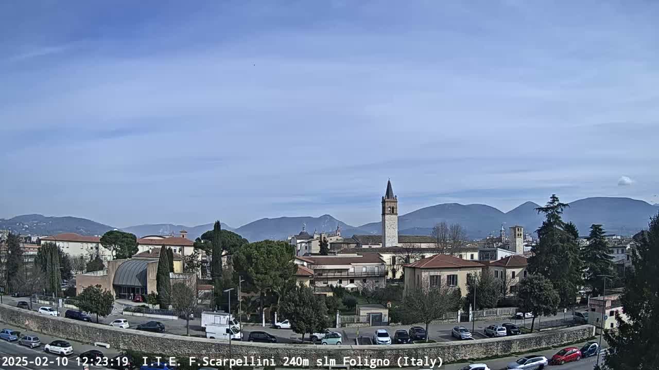 A mostly clear, sunny day reveals a view of a town nestled in a valley, with mountains in the background and cars parked along a stone wall in the foreground.