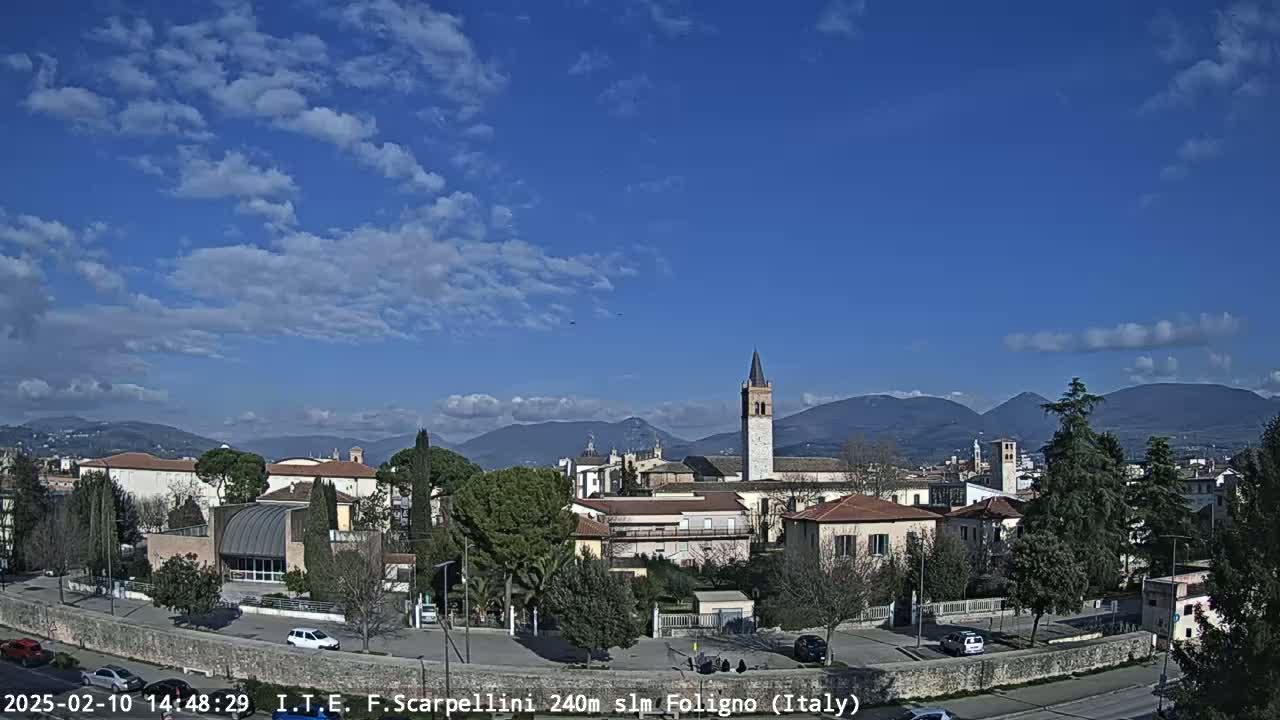 A partly cloudy sky overlooks a town with low buildings and a tall bell tower, situated against a backdrop of mountains.