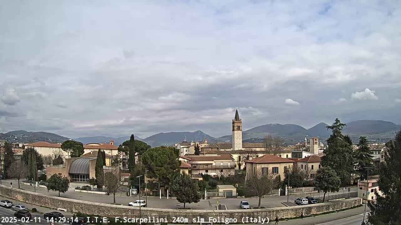 A partly cloudy day reveals a town nestled in a valley, with buildings, a tall tower, and distant mountains visible.