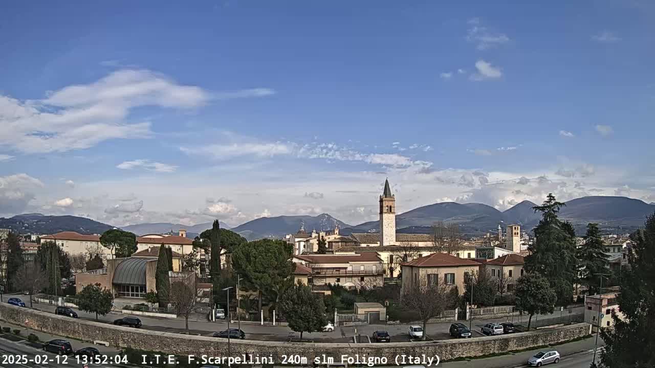 A partly cloudy day reveals a town nestled among hills and mountains, with a prominent bell tower at its center.