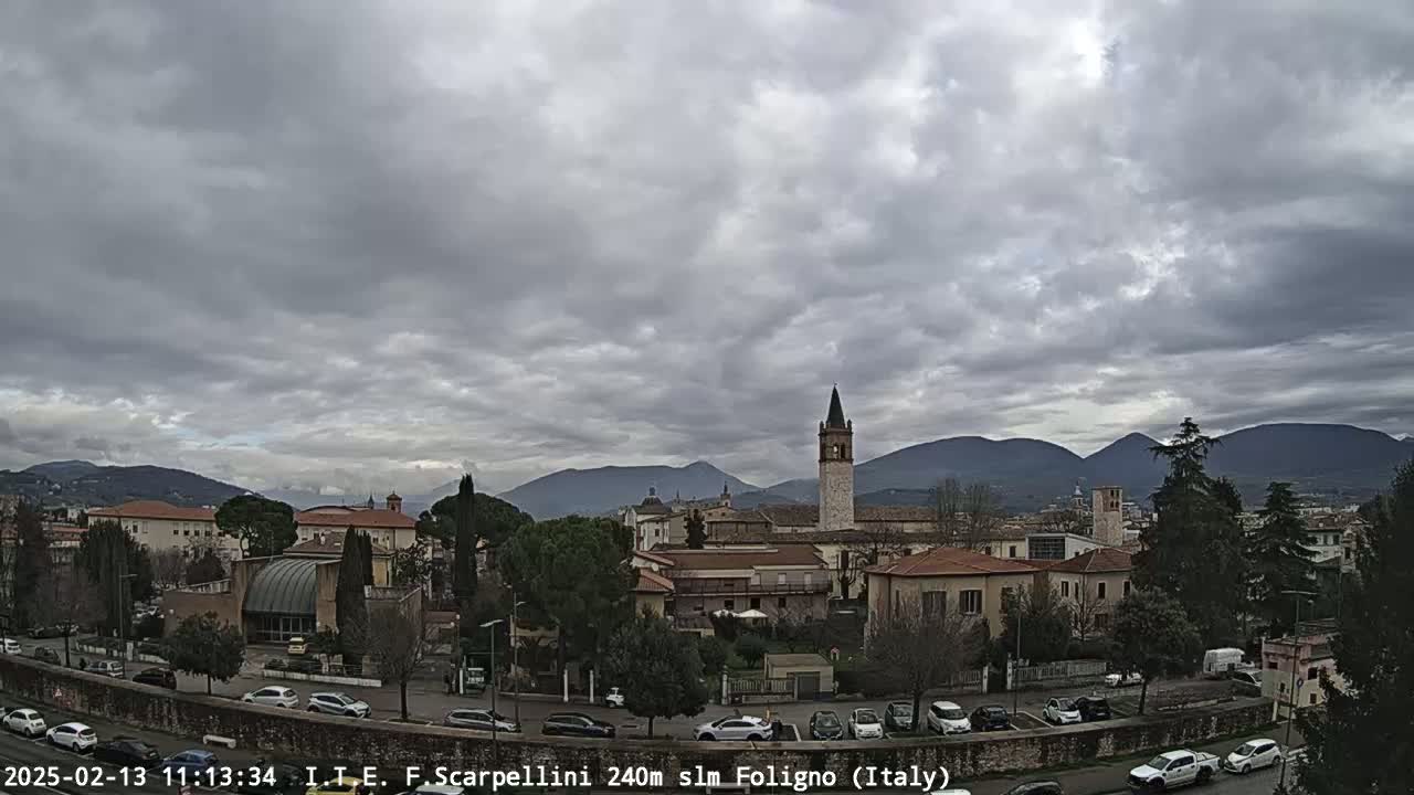 A town with a bell tower and low-rise buildings sits in a valley under a cloudy sky, with mountains visible in the background.