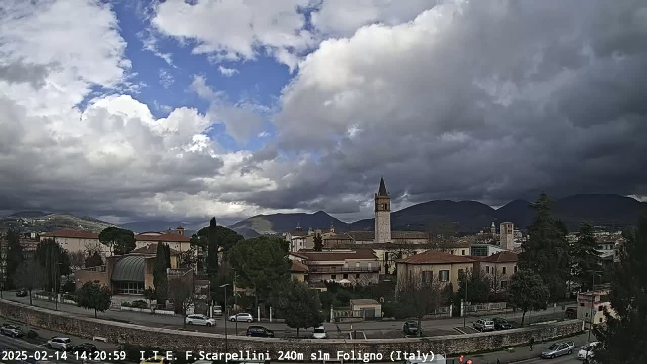 A partly cloudy sky hangs over a town nestled in a valley, with mountains visible in the distance.