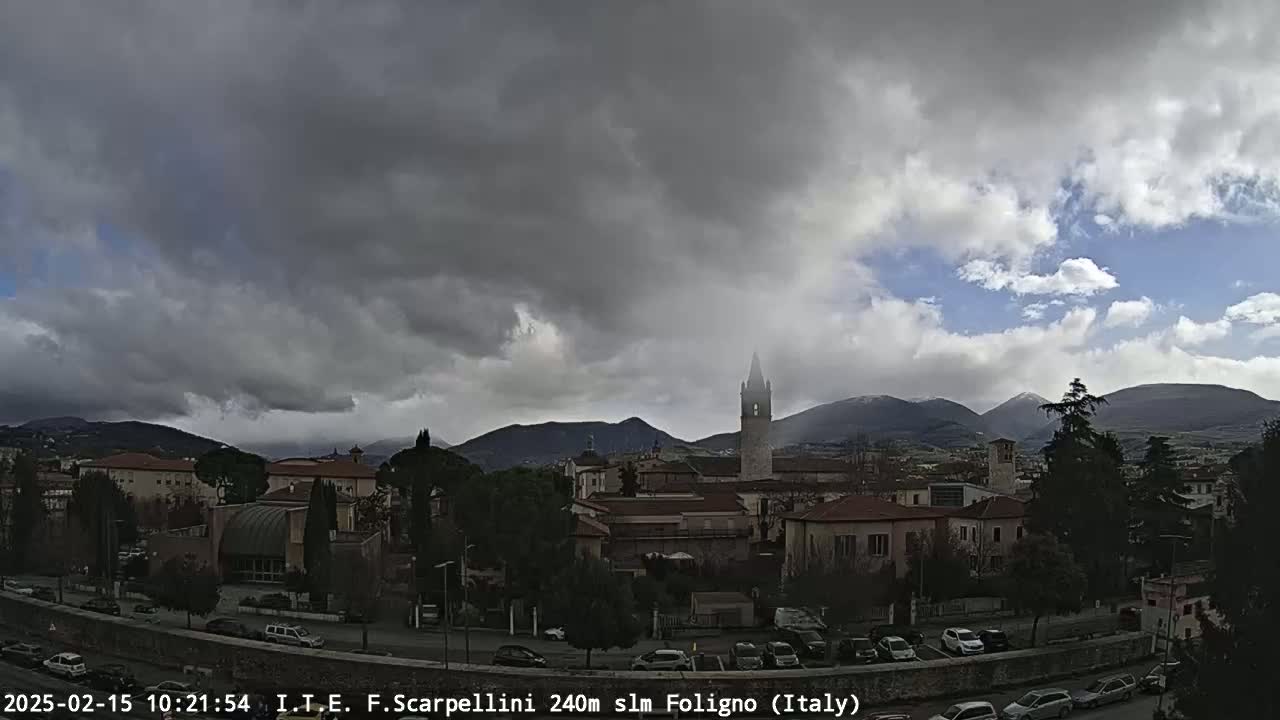 A town with a tall bell tower is nestled in a valley under a cloudy sky, with some distant mountains showing patches of snow.