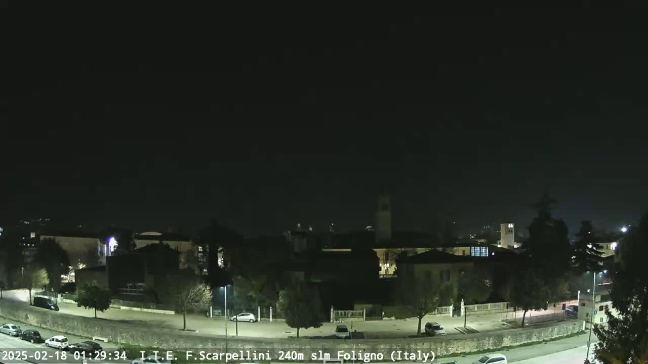 A nighttime, clear-sky view shows a mostly dark town with a few streetlights illuminating roads and parked cars.