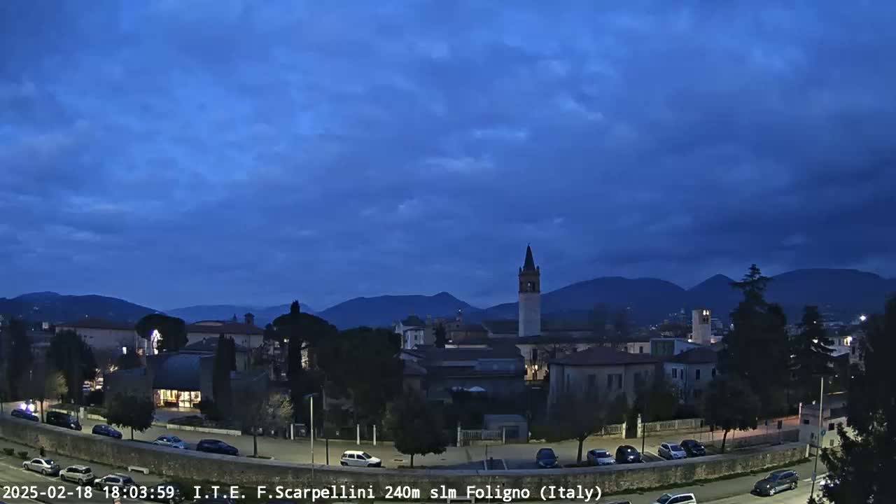 A twilight view of a town nestled in a valley, under a mostly cloudy blue sky, with mountains in the distance and cars parked along a roadway.