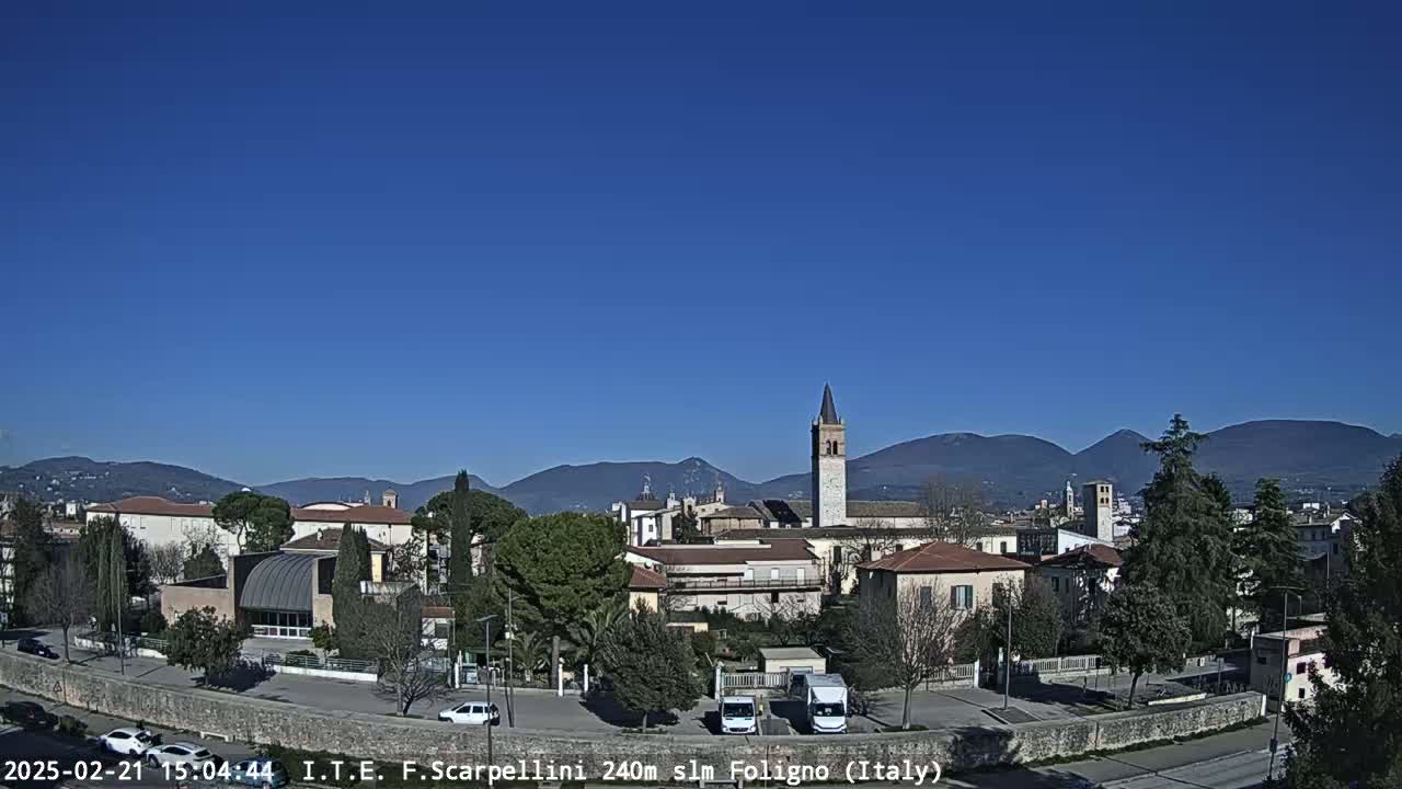 A clear, sunny day reveals a town nestled in a valley, with mountains in the background and several cars parked in a lot in the foreground.