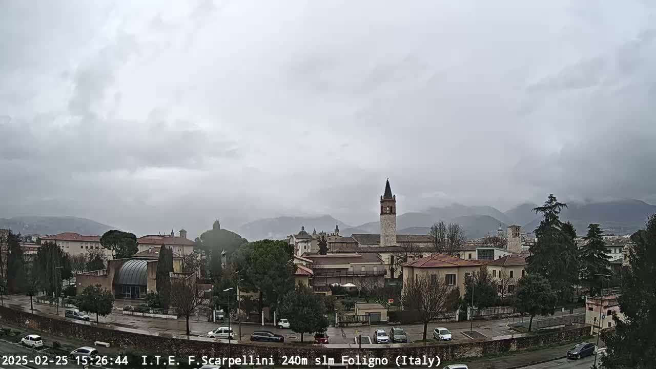 A town with a tall clock tower is visible under an overcast sky, with mountains in the background.
