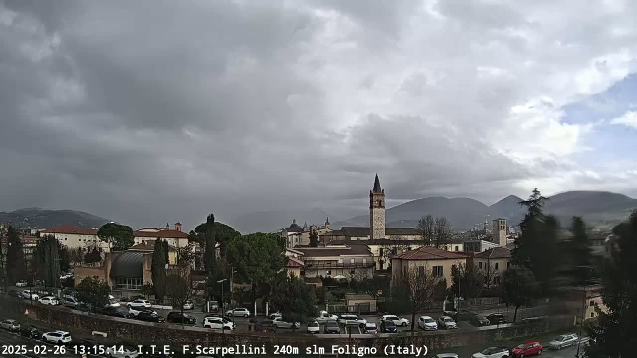 A town with a tall bell tower is seen under a cloudy, overcast sky, with mountains in the background and numerous cars parked in a lot in the foreground.