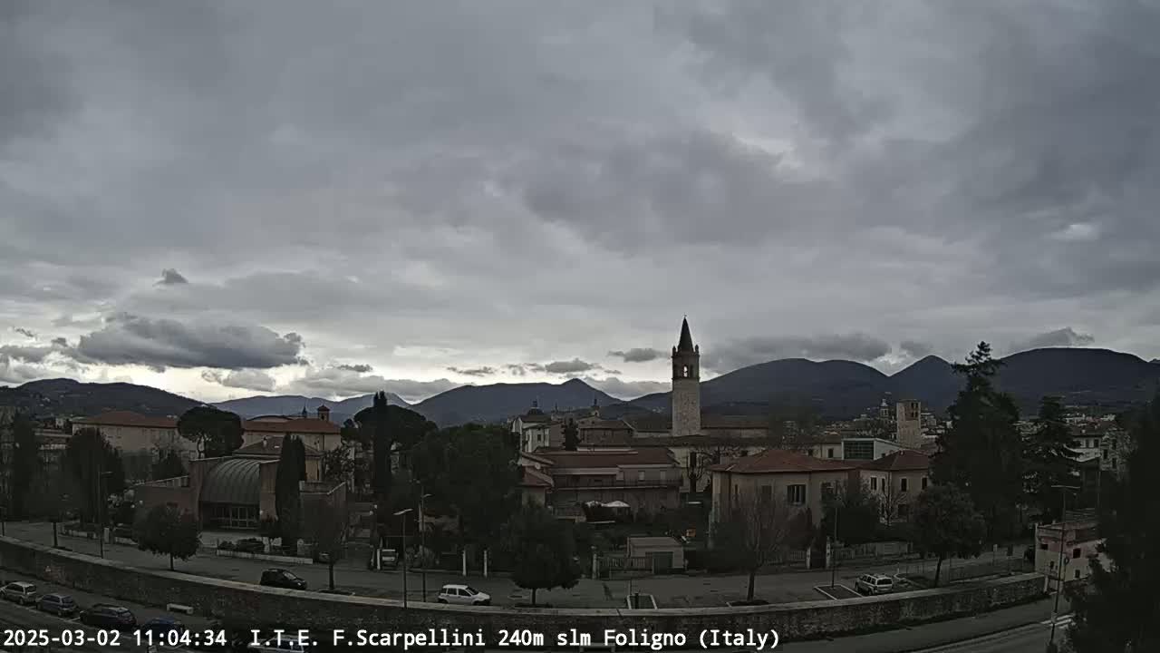 A cloudy day reveals a town nestled in a valley, with mountains in the background and a tall bell tower prominent in the scene.