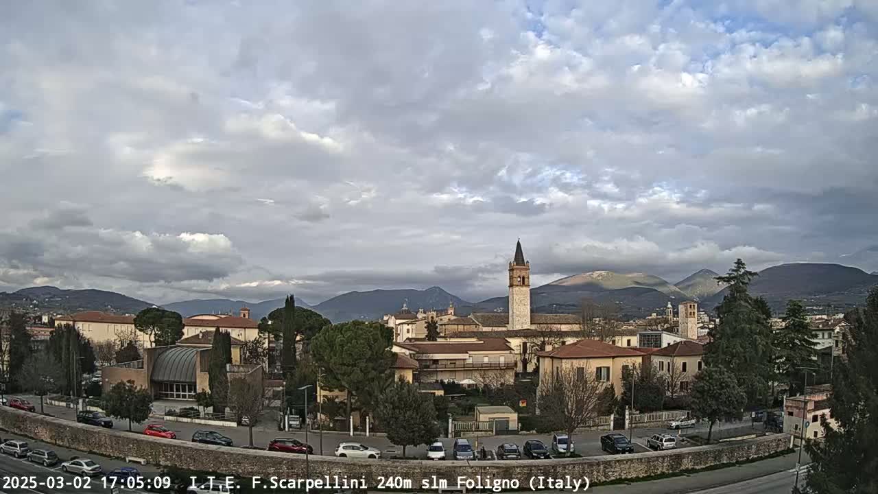 A partly cloudy day reveals a town nestled in a valley, with mountains in the background and cars parked along a road in the foreground.
