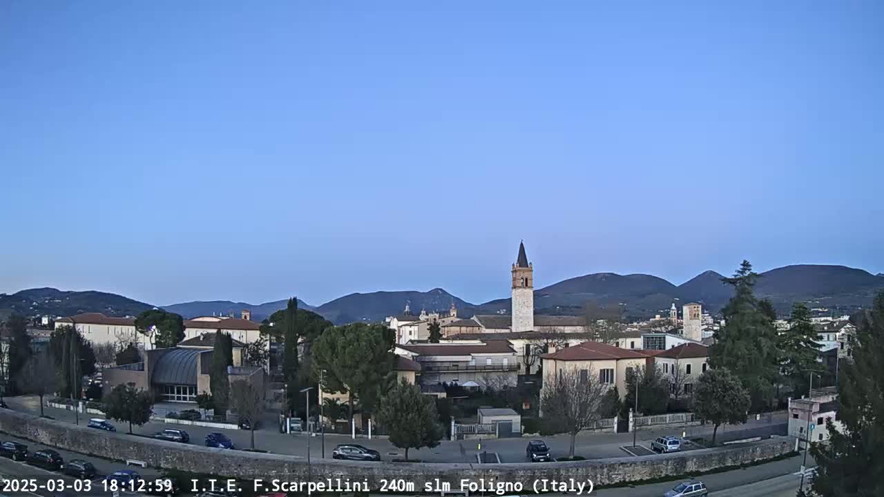A town nestled in a valley, under a clear twilight sky, with mountains in the background.