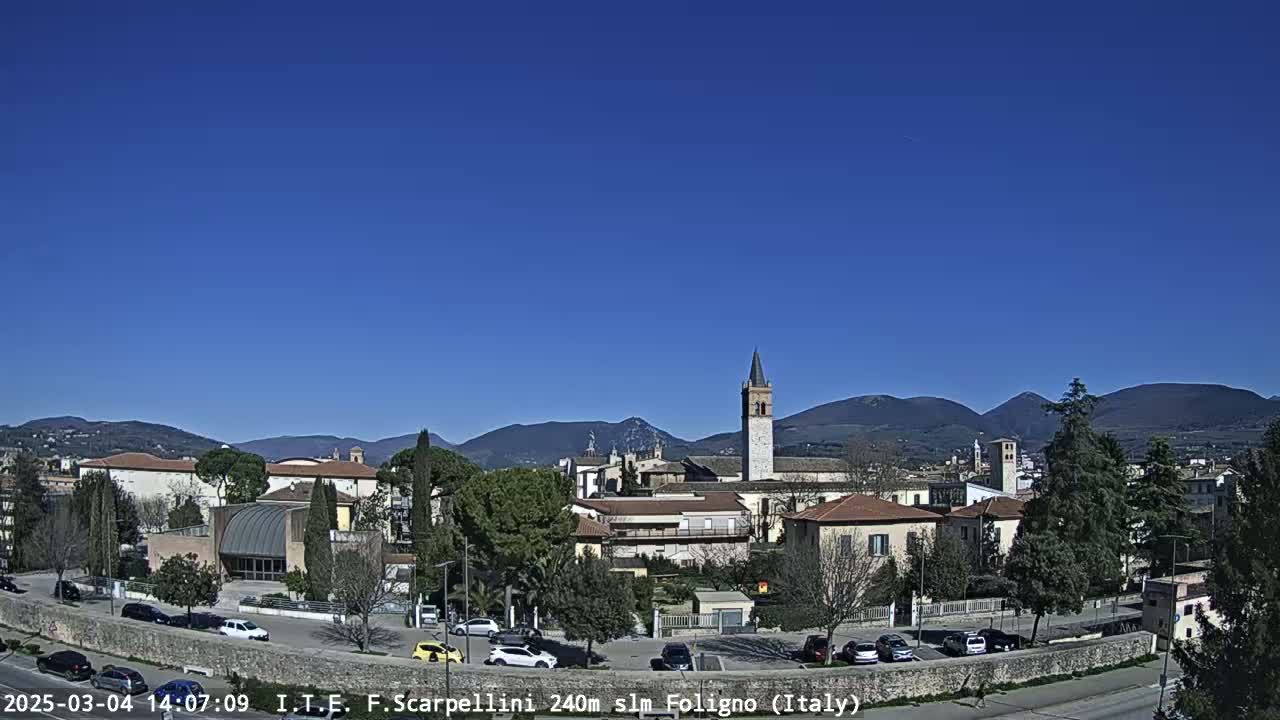A clear, sunny day reveals a town nestled in a valley, with mountains in the background and cars parked in a lot in the foreground.
