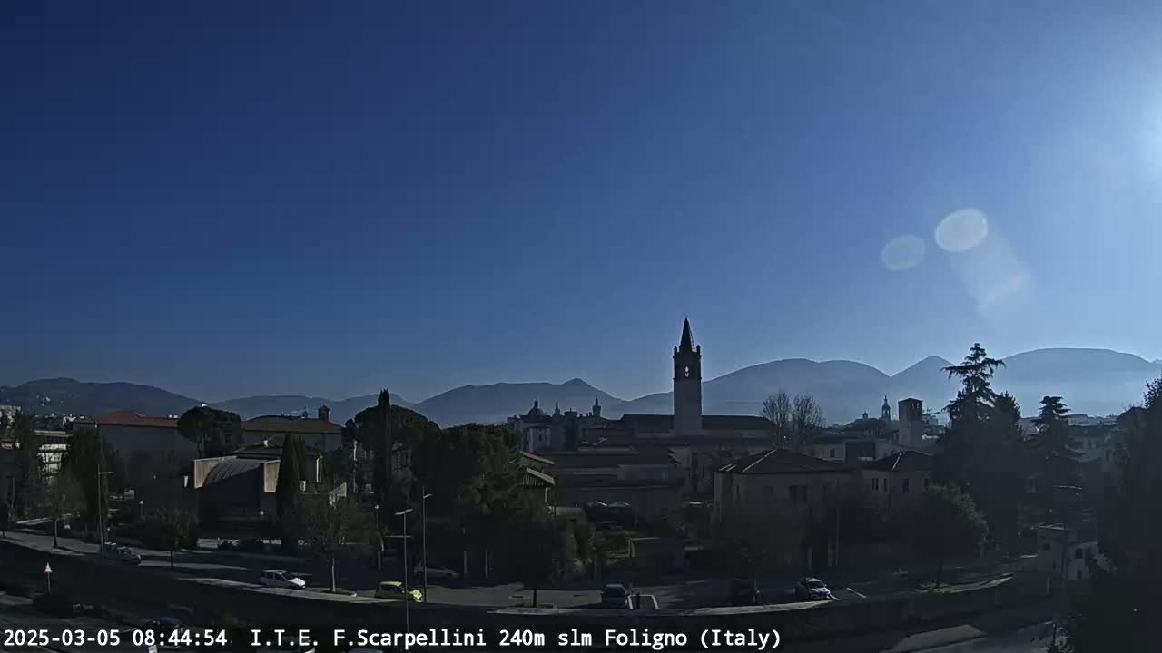 A clear, sunny day reveals a cityscape nestled at the foot of hazy mountains, with a prominent bell tower visible among the buildings.