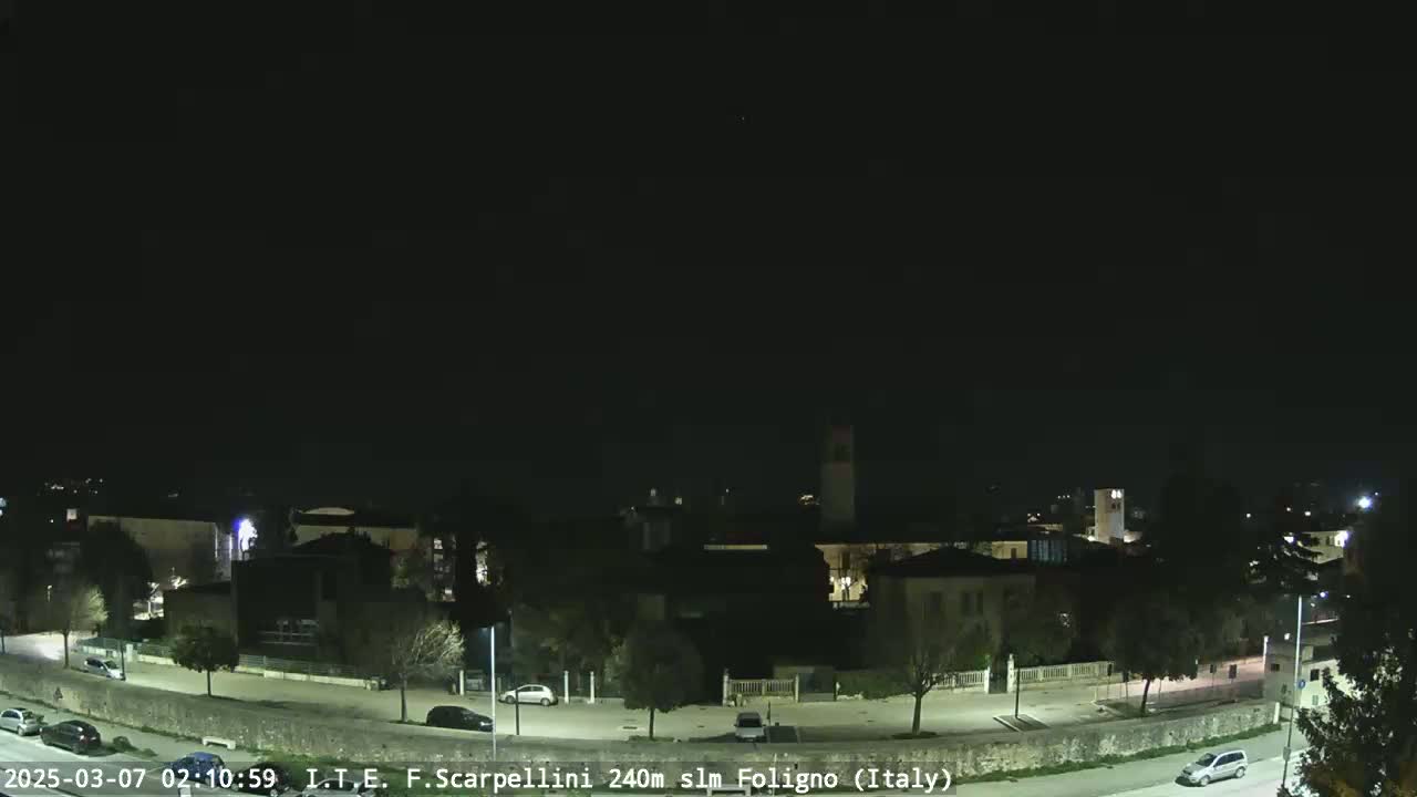 A nighttime, clear-sky view of a town with buildings, streets, and parked cars.