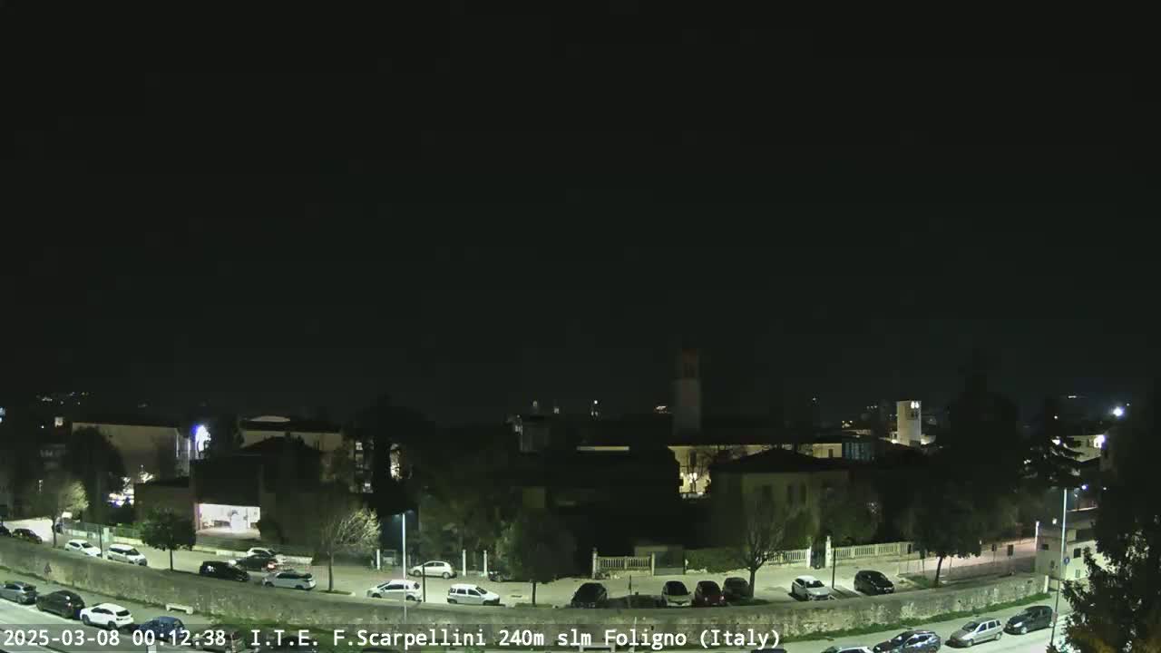 A nighttime, clear-sky view of a town with parked cars lining a roadway.