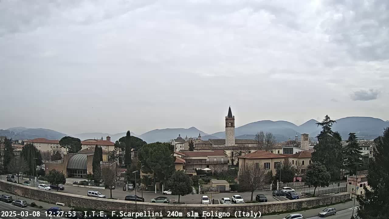 A town with low buildings and a tall bell tower is situated in a valley, with mountains visible in the background under an overcast sky.