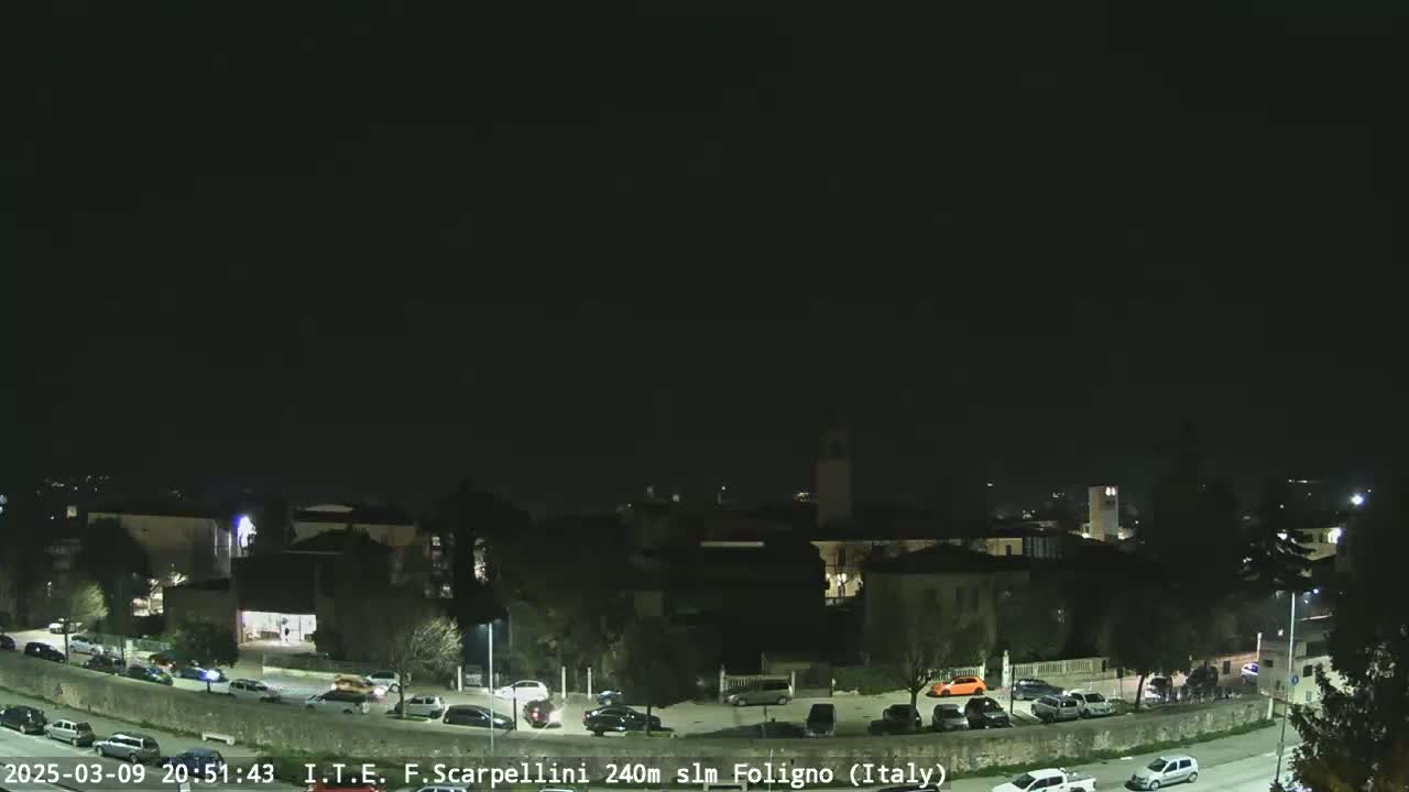 A nighttime, overhead view of a town with cars parked in a lot and driving on a road under a clear, dark sky.