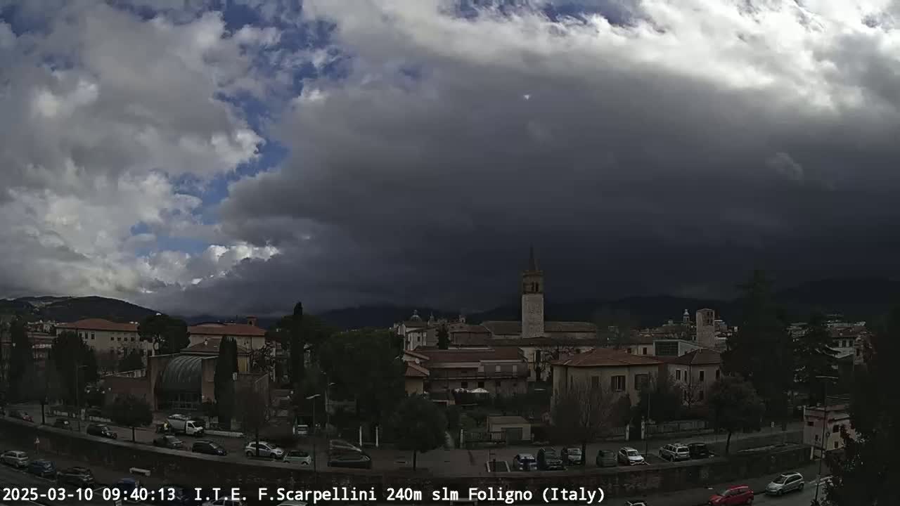 Dark, heavy clouds loom over a town with buildings and cars under a partly cloudy sky.