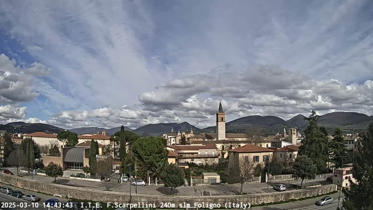 A partly cloudy day reveals a cityscape with low buildings, a tall church steeple, and mountains in the distance.