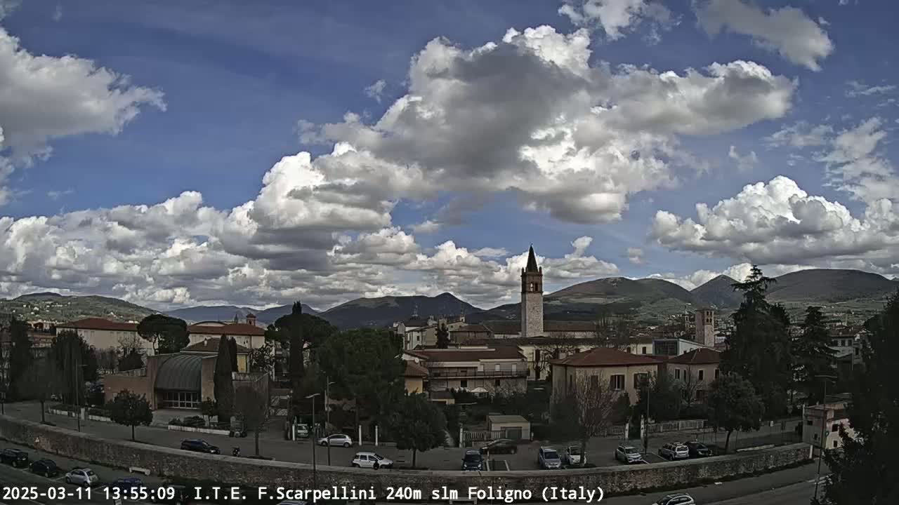 A partly cloudy sky overlooks a town nestled in a valley between mountains.
